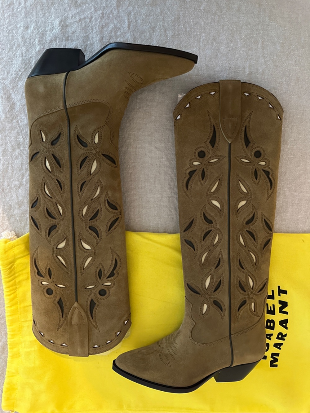 Isabel Marant TALL Tan Suede Knee Denvee Boots with Laser-Cut Detail - Picture 2 of 6